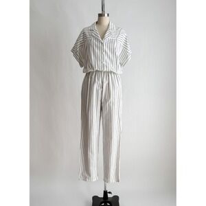 80s vtg white blue‎ cotton striped jumpsuit size M